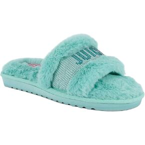Juicy Couture Women's Plush Faux Fur Slippers – Cozy Open-Toe Slides, Soft Indoor/Outdoor House Shoes