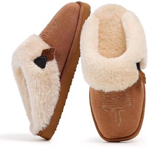 OOW Western Fluffy Slippers for Women with Memory Foam Comfy Houes Cowgirl Boot Slippers for Bedroom Indoor Square Toe