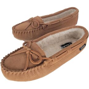Clarks Women's Suede Bowknot Moccasin Slippers, LB0340 - Fuzzy Indoor/Outdoor Close Back Slip-Ons with Faux Fur Lining & Non-Slip Outsole - Women's Comfy Loafers for Driving Lounging & More, Cognac, 7