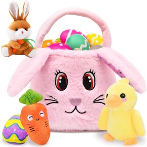Fluffy Easter Bunny Basket Set, Easter Basket Playset with Stuffed Plush Bunny Duck Bunny Ears Headbands for Baby Kids Easter Party Decorations Supplies Easter Basket Fillers