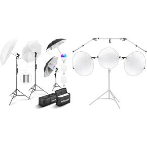 NEEWER NK501 400W Studio Incandescent Equivalent Lighting Kit, 2 Black Umbrellas 2 White Umbrellas, 2 24W LED Light Bulbs, 1 26W RGB LED Light Bulb, ST-RF3 Triple Photography Reflector Holder Included