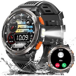EIGIIS KE5 Military Smart Watch for Men with Flashlight SOS 3ATM Waterproof Watch 530mAh Big Battery 1.45" Rugged Tactical Smartwatch with Compass Elevation Barometer Fitness Watch for iPhone (Black)