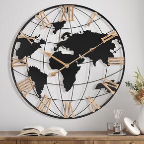 24 Inch Large Wall Clock for Living Room Decor,Big Modern Decorative Silent World Map Metal Wall Clock with Vintage Gold Roman Numeral for Office,Living Room,Kitchen,Dining Room