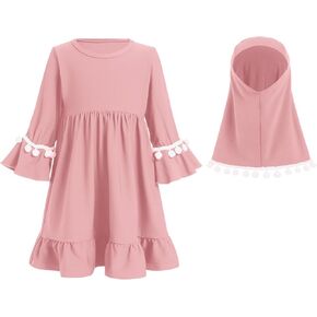 Abayas Dress For Newborn Baby Girls Muslim Dress Infant Toddler Long Sleeve Ruffle Dress with Khimar Hijab Abaya Arabian Islamic Dubai Prayer Dresses Middle East Attire Jibab Eid Clothes Pink 2-3T