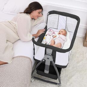 Baby Bassinet Bedside Sleeper, 3 in 1 Rocking Bassinet for Baby, Arms Reach Co Sleeper Bassinet with Wheels | Adjustable Height | Storage | Mattress & Canopy, Bed Side Bassinet for Newborn