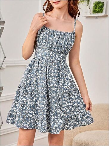 WDIRARA Girl's Floral Print Sleeveless Ruched Shirred Ruffle Hem A Line Cami Dress in Saudi Arabia