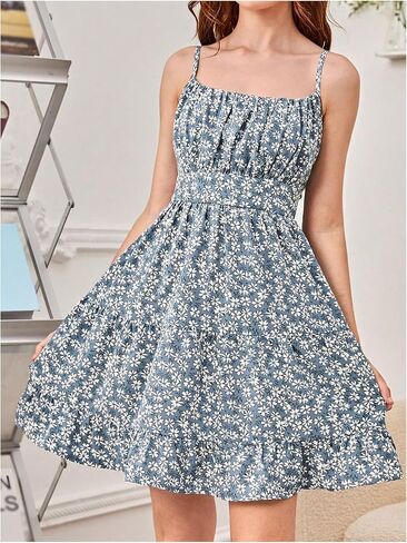 WDIRARA Girl's Floral Print Sleeveless Ruched Shirred Ruffle Hem A Line Cami Dress in Saudi Arabia