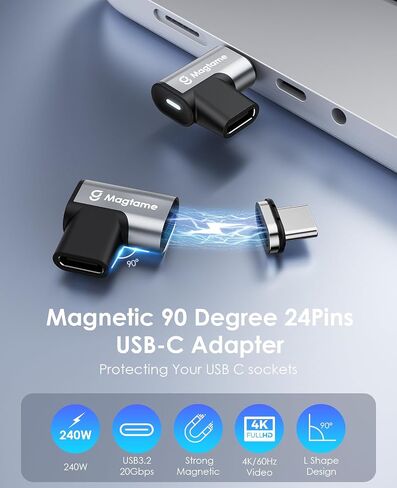 محول USB C ذكر بزاوية قائمة مغناطيسية 240 وات إلى USB C أنثى 40 جيجابت في الثانية، موسع محول 24Pin مسطح 90 درجة من النوع C، فيديو 4K لأجهزة الكمبيوتر المحمول USB 3/4، الكمبيوتر اللوحي، iPhone 15/16، حزمة واحدة مع نصيحتين in Kuwait