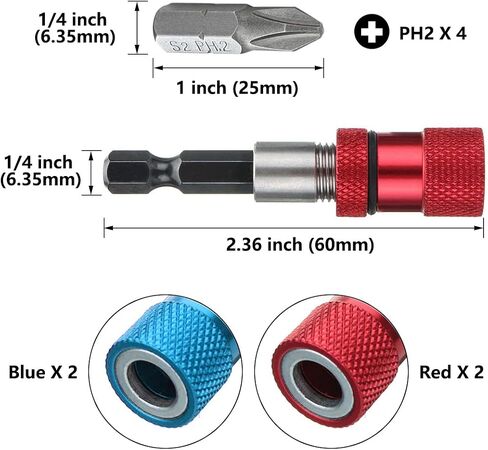 4PCS Magnetic Bit Holder with Phillips PH2 Screwdriver Bits, 1/4 Inch Hex Shank Driver Bits Adjustable Depth Screw Holder 60mm Length Drywall Screw Bits (Red+Blue) in Saudi Arabia