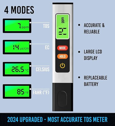 جهاز اختبار المياه الرقمي TDS Meter - جهاز اختبار دقيق للمياه لمياه الشرب | مقياس 0-9990 جزء في المليون - جهاز اختبار جودة المياه لمدة 1 ثانية - جهاز اختبار المياه TDS للزراعة المائية والشرب المنزلي وحوض السمك in Kuwait
