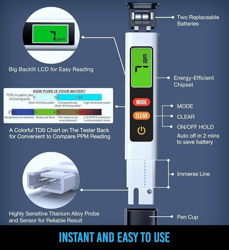 جهاز اختبار المياه الرقمي TDS Meter - جهاز اختبار دقيق للمياه لمياه الشرب | مقياس 0-9990 جزء في المليون - جهاز اختبار جودة المياه لمدة 1 ثانية - جهاز اختبار المياه TDS للزراعة المائية والشرب المنزلي وحوض السمك in Kuwait