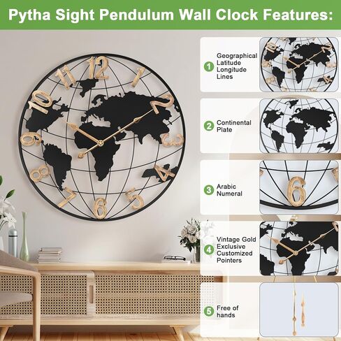 ساعة حائط كبيرة مقاس 24 بوصة لديكور غرفة المعيشة، ساعة حائط معدنية كبيرة وحديثة لخريطة العالم الصامتة مع أرقام رومانية ذهبية عتيقة للمكتب وغرفة المعيشة والمطبخ وغرفة الطعام in Kuwait