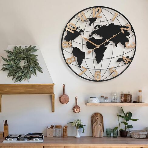 ساعة حائط كبيرة مقاس 24 بوصة لديكور غرفة المعيشة، ساعة حائط معدنية كبيرة وحديثة لخريطة العالم الصامتة مع أرقام رومانية ذهبية عتيقة للمكتب وغرفة المعيشة والمطبخ وغرفة الطعام in Kuwait