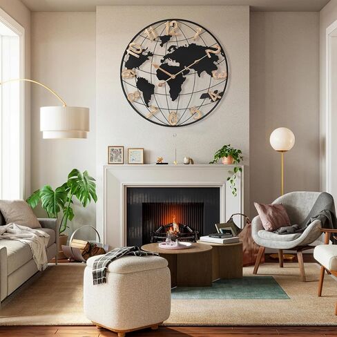 ساعة حائط كبيرة مقاس 24 بوصة لديكور غرفة المعيشة، ساعة حائط معدنية كبيرة وحديثة لخريطة العالم الصامتة مع أرقام رومانية ذهبية عتيقة للمكتب وغرفة المعيشة والمطبخ وغرفة الطعام in Kuwait