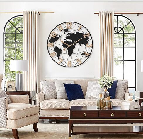 ساعة حائط كبيرة مقاس 24 بوصة لديكور غرفة المعيشة، ساعة حائط معدنية كبيرة وحديثة لخريطة العالم الصامتة مع أرقام رومانية ذهبية عتيقة للمكتب وغرفة المعيشة والمطبخ وغرفة الطعام in Kuwait