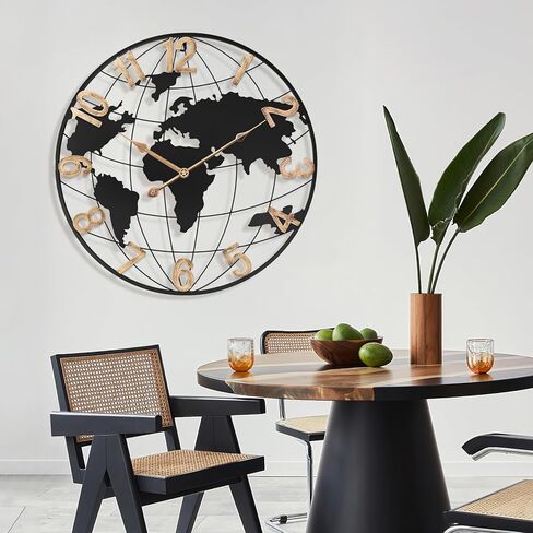 ساعة حائط كبيرة مقاس 24 بوصة لديكور غرفة المعيشة، ساعة حائط معدنية كبيرة وحديثة لخريطة العالم الصامتة مع أرقام رومانية ذهبية عتيقة للمكتب وغرفة المعيشة والمطبخ وغرفة الطعام in Kuwait