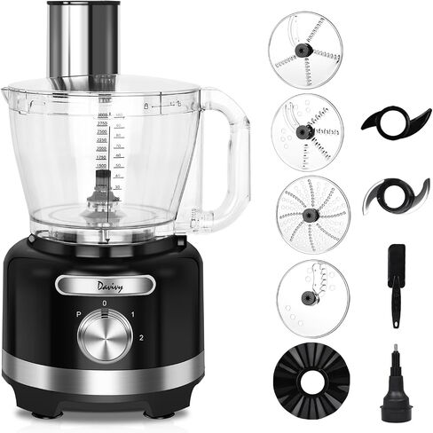 Davivy 16 Cup Food Processor Blender Combo,10-in-1 Multifunction 3.8L Meat Processor Bowl 6 CUP(50 oz) Glass Blender & Filter,600W with 2 Speeds Plus Pulse Vegetables Chopper for Home Use,Black in Saudi Arabia