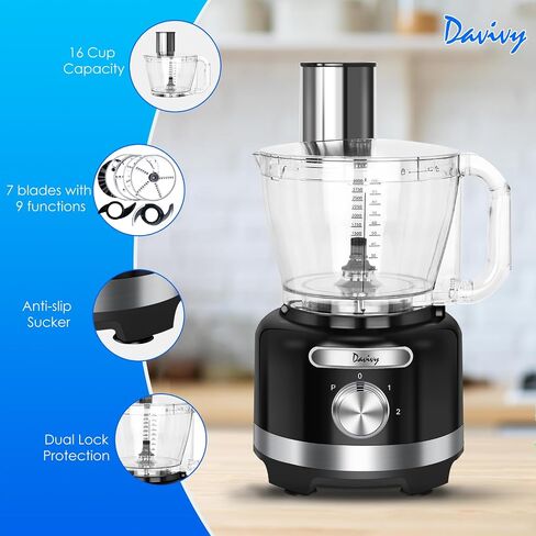 Davivy 16 Cup Food Processor Blender Combo,10-in-1 Multifunction 3.8L Meat Processor Bowl 6 CUP(50 oz) Glass Blender & Filter,600W with 2 Speeds Plus Pulse Vegetables Chopper for Home Use,Black in Saudi Arabia