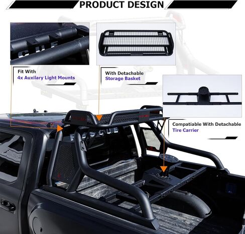 Sport Roll Bars with Cargo Basket, Adjustable Black Steel Bed Bar Fit for Dodge Ram 1500/2500/3500,Ford F150/F250/F350,Chey Silverado&GMC Sierra 1500/2500,Toyota Tundra, Full-Size Truck in Saudi Arabia