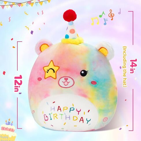 Athoinsu 16" Happy Birthday Bear Plush Pillow Cute Rainbow Stuffed Animal Soft Kawaii Birthday Plushie Star Wink Funny Pillows Home Room Decoration Gifts for Toddlers Kids Girls in Saudi Arabia