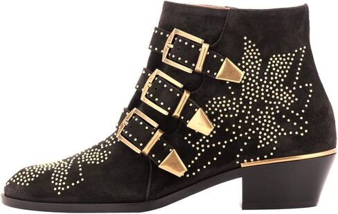 Women's Studded Ankle Boots Leather Multiple Buckle Chunky Heel Booties Almond Toe Zipper Punk Boot in Saudi Arabia
