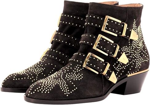 Women's Studded Ankle Boots Leather Multiple Buckle Chunky Heel Booties Almond Toe Zipper Punk Boot in Saudi Arabia