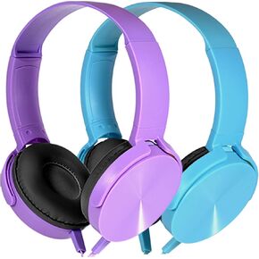 Kids Headphones 2 Pack for School Classroom, Wired Durable Earphones Class Set for Students Children Toddler Teens Boys Girls and Adult (HY450, Light Blue+Purple)