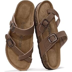 100% Genuine Leather Womens Sandals - Cork Footbed Slides For Women - Comfortable Sandals Women with Memory Foam Beach Essential Summer Sandals For Women 2024 (Lian, TAN, 5.5)