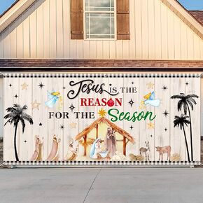 Outus Easter Nativity Garage Door Cover 13 x 6 ft Easter Religious Backdrop Holy Nativity Photography Decoration for Outdoor Indoor Church Medieval Party Supplies
