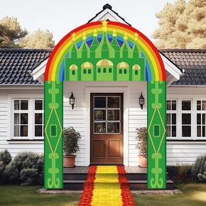 4 Pcs Emerald Castle Banner Yellow Brick Runner Entryway Party Decorations Emerald Castle Backdrop Hanging Banner Yellow Brick Runner for Birthday Holiday Wizard Party