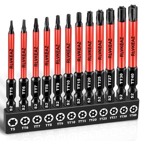 12-Piece Impact Security Torx Bit Set (T5-T40), 3-Inch Long S2 Steel Tamper-Proof Star Bits Set, with 1/4" Hex Shank, Magnetic & High Torque for Automotive, Electronics, DIY Repairs