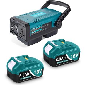 110V/300W Power Inverter for Makita 18V Battery and 2Pack 6000mAh Replacement for Makita 18V Battery, 4-Ports DC 18V to AC 110-120V Battery Inverter with 3 USB-A Port, 1 USB-C Port Blue