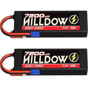 Hilldow 7.4V Lipo Battery 2S 65C 5200mAh Lipos Hard Case Rechargeable Batteries with EC5 Connector for RC Car Trucks 1/8 1/10 RC Vehicles Boat (2 Packs)