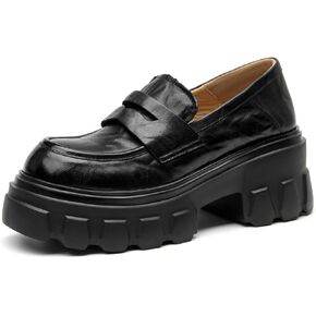 BEAU TODAY Platform Loafers for Women,Chunky Loafers Women,Penny Leather Slip-on Lug Sole Loafers,Round Toe Comfort Casual Fashion Business Work Shoes