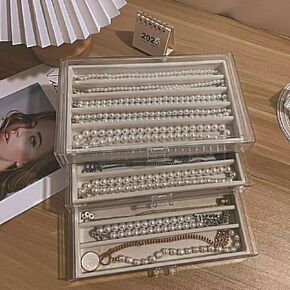 3 Drawers Necklace Organizer Box, Tray with DIY Clear Lid, Dustproof Velvet Necklaces Holder Storage Display Case, Necklace Tray Drawer Insert for Pendant Suitable for Women and Girls (Beige)