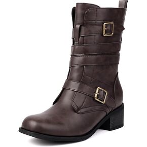 Women's Belt Buckle Mid Calf Boot,Retro Square Toe Chunky Heel Ankle High Shaft Boots,Women's Motorcycle Boots with Side Zipper Buckle Wrap Up Riding Boots.