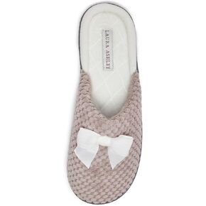 Laura Ashley Rugged Spa Slipper with Bow, Cozy Memory Foam Hard Bottom Slippers for Women, Soft Warm House Shoes