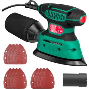 Detail Sander Tool 13,000 OPM with Vacuum Attach, Electric Palm Sander with 12 Sanding Papers, Upraged Dust Collection System, 1.2A, Compact Design for Small Corner Sanding and Paint Removing