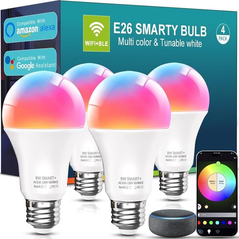مصابيح الإضاءة الذكية Luckystyle، 9W A19 E26 800LM WiFi Bluetooth LED لمبات متوافقة مع Alexa وGoogle Assistant والمنزل، 16 مليون لون لمزامنة الموسيقى متغيرة الألوان لمبة أضواء RGBWW قابلة للتعتيم (4) in Kuwait