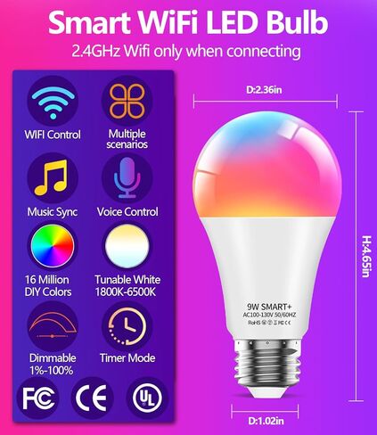مصابيح الإضاءة الذكية Luckystyle، 9W A19 E26 800LM WiFi Bluetooth LED لمبات متوافقة مع Alexa وGoogle Assistant والمنزل، 16 مليون لون لمزامنة الموسيقى متغيرة الألوان لمبة أضواء RGBWW قابلة للتعتيم (4) in Kuwait