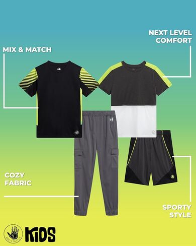 طقم سراويل رياضية للأولاد من Body Glove - تي شيرت بأكمام قصيرة مكون من 4 قطع، وسروال رياضي من الصوف، وشورت - مجموعة ملابس رياضية (4-14) in Kuwait