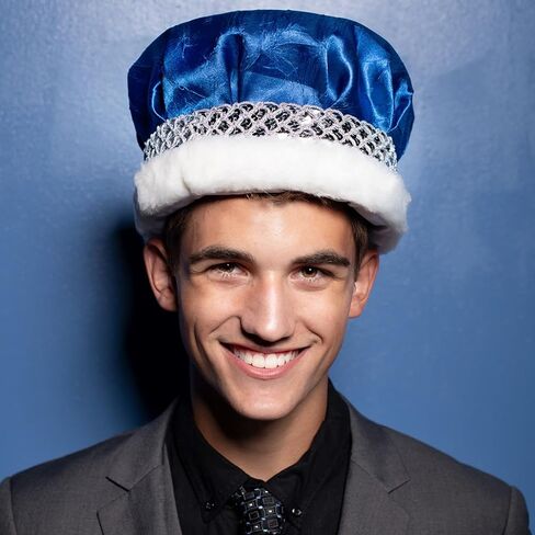 Anderson's Blue Crushed Satin Crown, Silver Sequin Band and Faux Fur, King Crown For Prom, Homecoming, School Dance, Costume, Party, Pageant, Event in Saudi Arabia