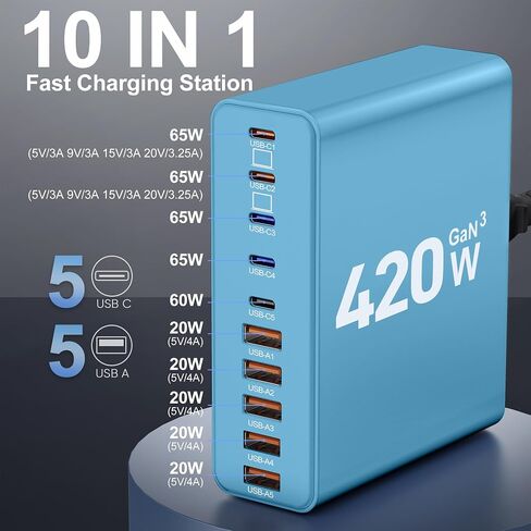 750W USB C Charger Block,10-Port Charging Station GaN Fast Charging Type C & USB A Wall Charger Adapter for MacBook Pro/Air,iPhone,iPad,Dell XPS,Samsung Galaxy (Bright Black) in Saudi Arabia