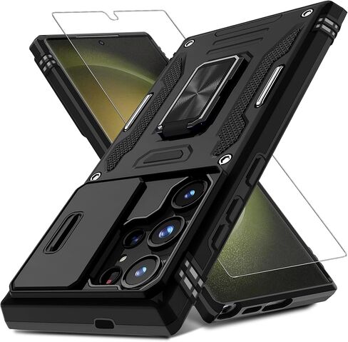 حافظة DEERLAMN لهاتف Samsung Galaxy S24+ Plus مع غطاء كاميرا منزلق + واقي شاشة (عبوة واحدة)، مسند حلقي دوار غطاء واقٍ مقاوم للصدمات بدرجة عسكرية - أسود in Kuwait