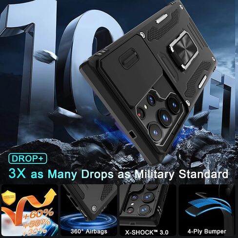 حافظة DEERLAMN لهاتف Samsung Galaxy S24+ Plus مع غطاء كاميرا منزلق + واقي شاشة (عبوة واحدة)، مسند حلقي دوار غطاء واقٍ مقاوم للصدمات بدرجة عسكرية - أسود in Kuwait