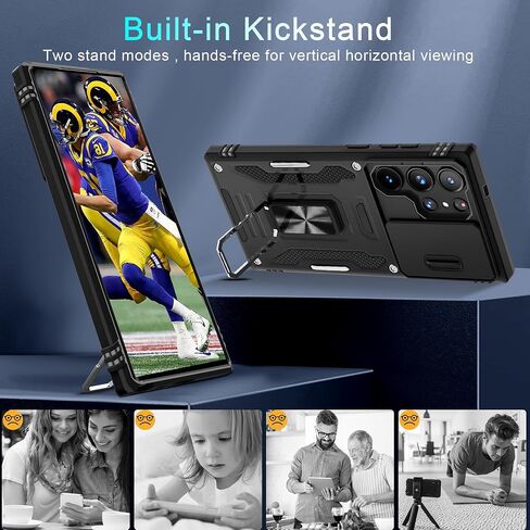 حافظة DEERLAMN لهاتف Samsung Galaxy S24+ Plus مع غطاء كاميرا منزلق + واقي شاشة (عبوة واحدة)، مسند حلقي دوار غطاء واقٍ مقاوم للصدمات بدرجة عسكرية - أسود in Kuwait