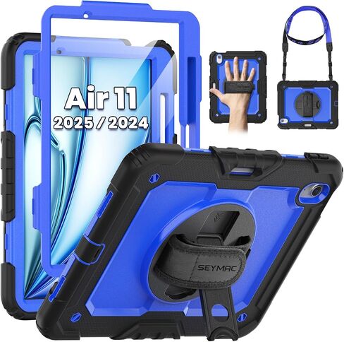 SEYMAC Case for iPad Air 13 Inch M4/M3/M2 (2026/2025/2024), Black | Heavy Duty Shockproof Protective, Built-in Screen Protector, 360° Rotating Stand, Hand/Shoulder Strap, Pencil Holder in Kuwait