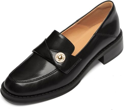 Genuine Leather Womens Loafers - Black Closed Round Toe Slip-on Penny Loafers for Women, Comfortable Business Casual Dress Leather Shoes in Kuwait