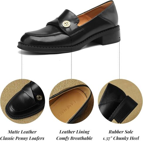 Genuine Leather Womens Loafers - Black Closed Round Toe Slip-on Penny Loafers for Women, Comfortable Business Casual Dress Leather Shoes in Kuwait