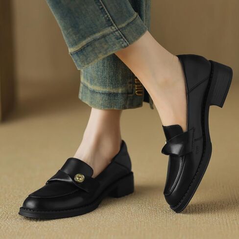 Genuine Leather Womens Loafers - Black Closed Round Toe Slip-on Penny Loafers for Women, Comfortable Business Casual Dress Leather Shoes in Kuwait